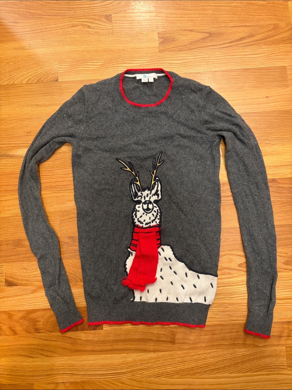 Boden Gray Crewneck Sweater with Red Trim and Reindeer Scarf